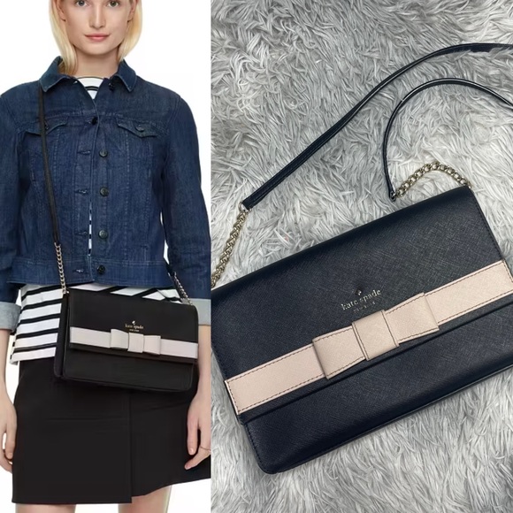 Kate Spade Kirk Park Saffiano Veronique Black Leather Pink Bow Chain Strap Bag - Picture 1 of 10